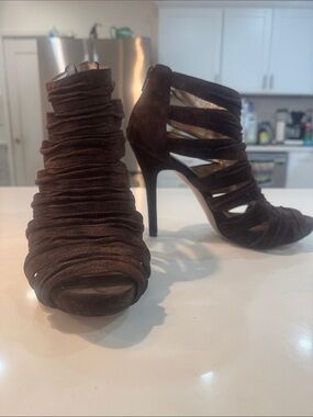 BCBGeneration Dark Brown Suede Ruched Strappy Open-Toe Stiletto Heels